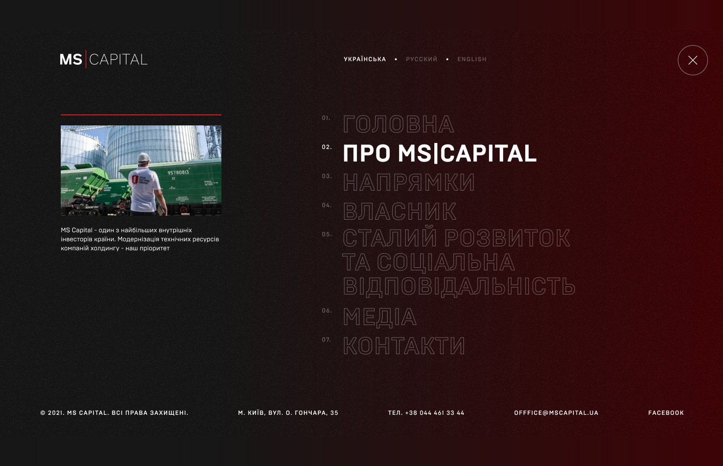 Повноекранне меню сайту MS Capital