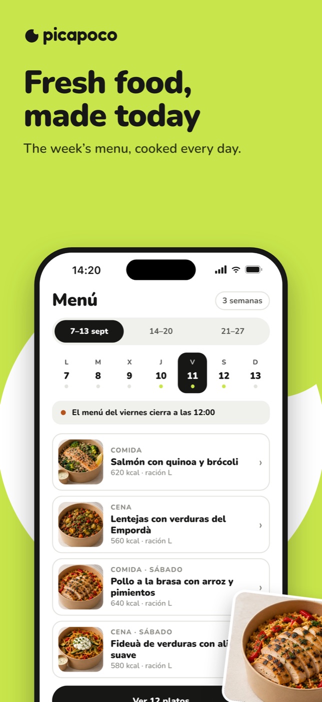 The week’s menu and the portion worked out from the goal