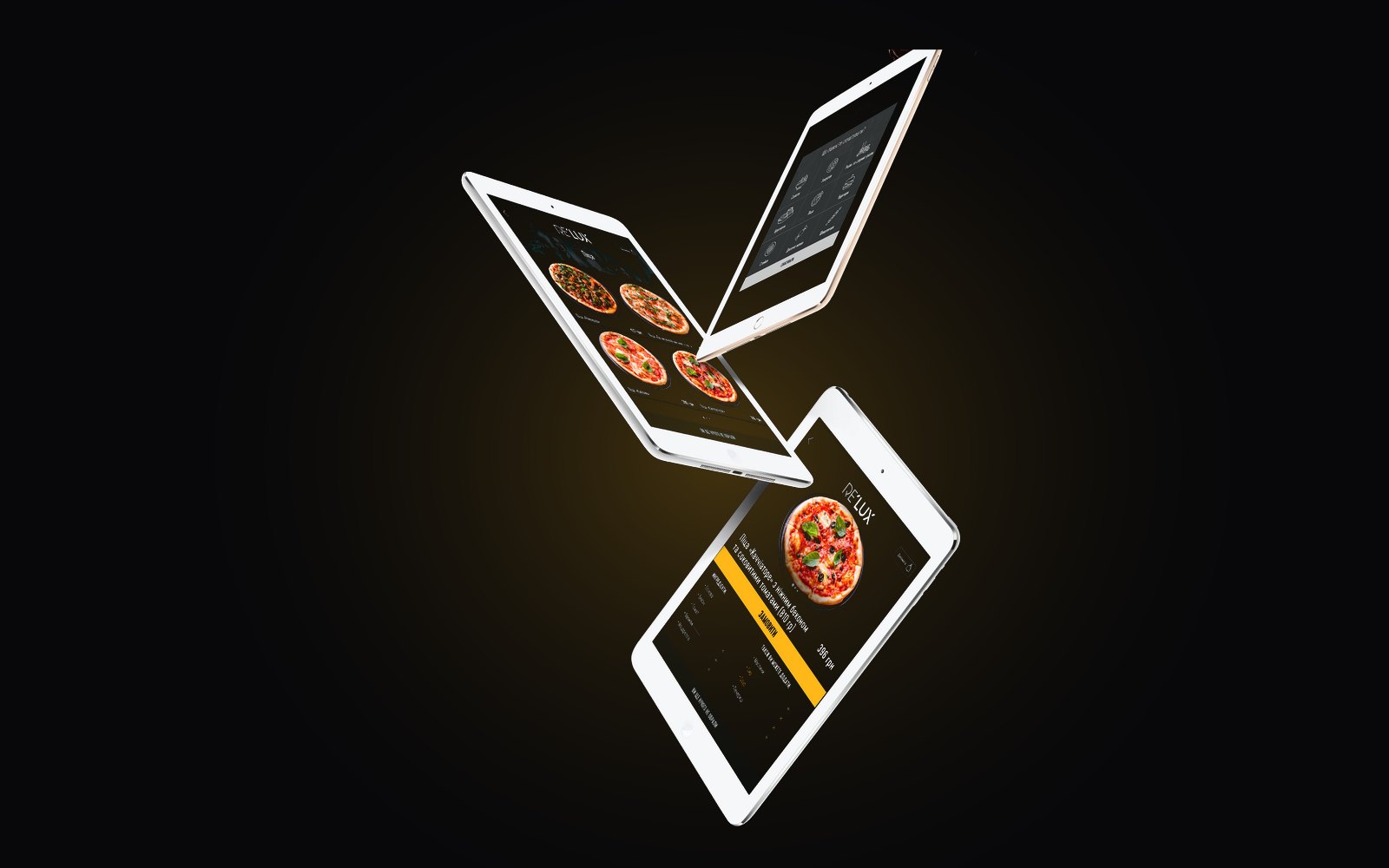 The RE’LUX app on an iPad: the pizza menu and a dish card