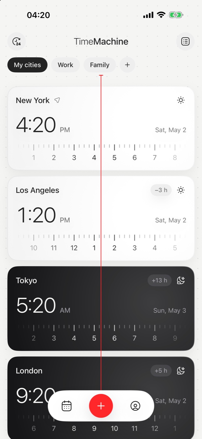 TimeMachine on three iPhones: light theme, dragging a scale and dark theme